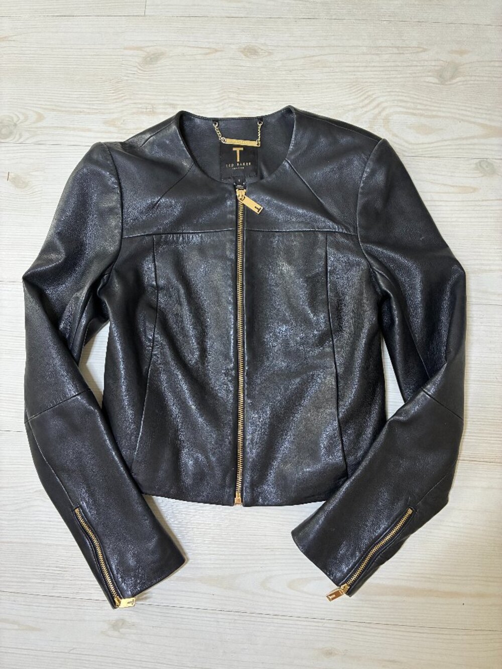 Ted Baker Alam Collarless Black Leather Jacket Size 1 US 4 Yellow Floral Lining